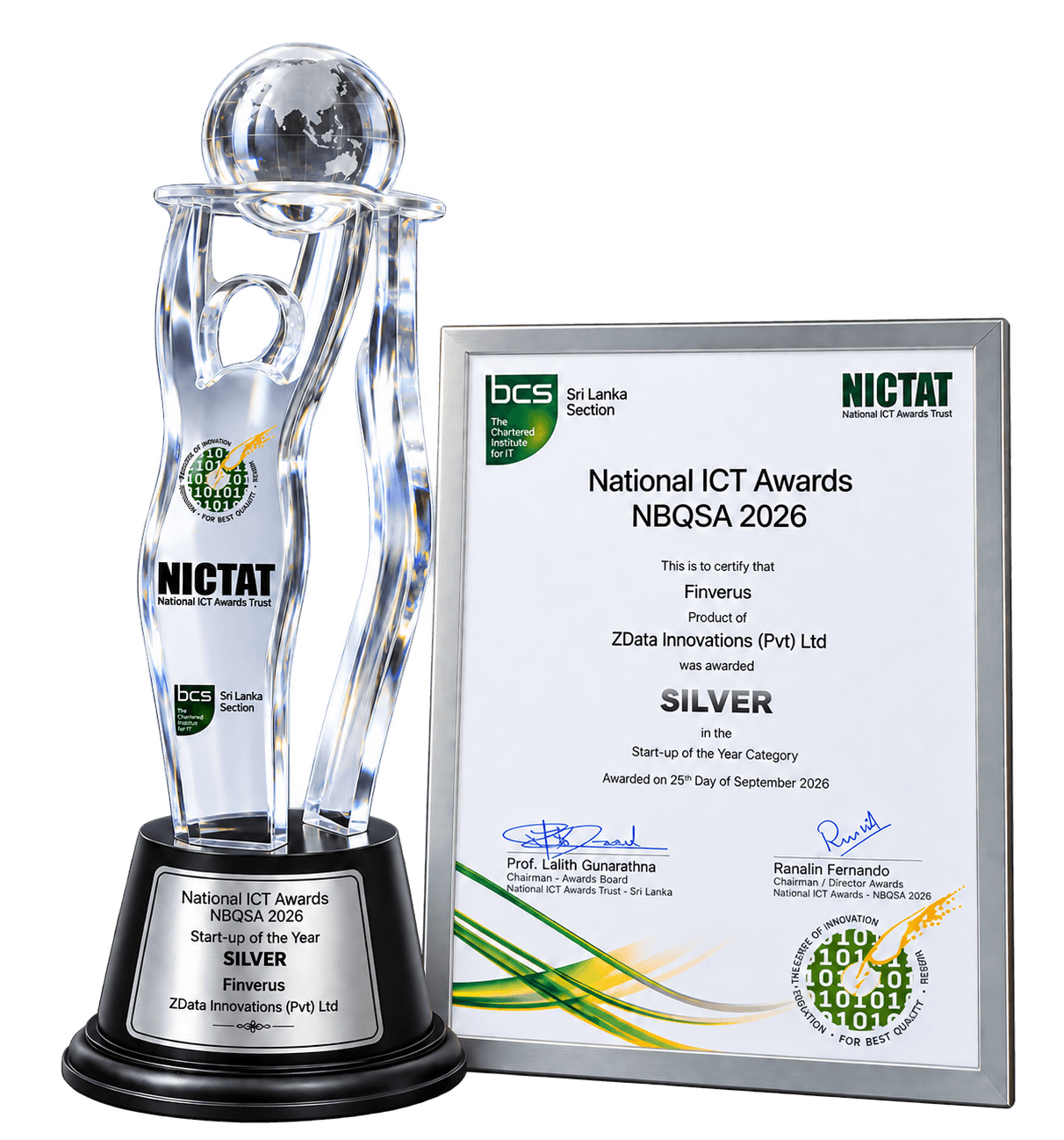 Finverus NBQSA 2026 silver trophy and framed award certificate